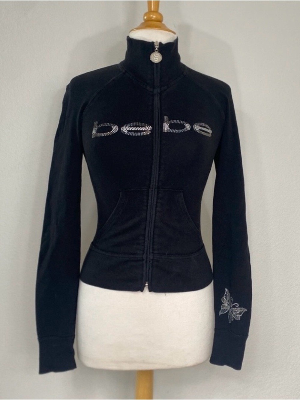 Bebe Women's Black Silver Bling Logo Butterfly Zip Sweatshirt Size Small Girly